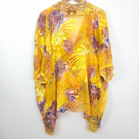 Vintage Koos Van Den Akker Yellow Floral Silk Caftan Poncho One Size - Picture 6 of 9